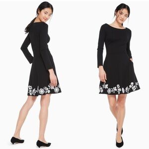 New! Kate Spade Broome Street Embroidered Ponte Dress Black White Floral Hem 16